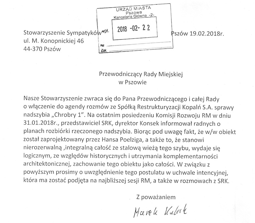 Pismo do Przewodniczącego Rady Miejskiej w Pszowie