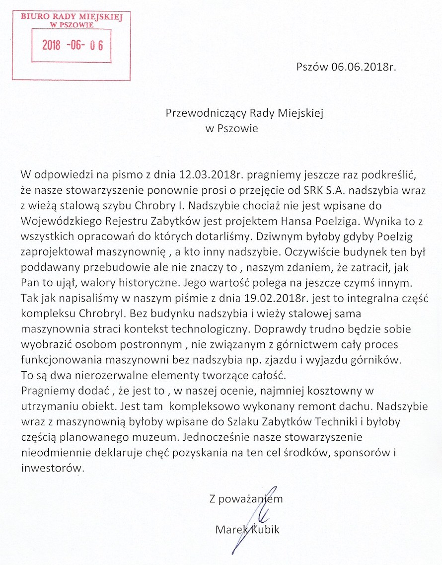 Kolejne pismo do Przewodniczącego Rady Miejskiej w Pszowie