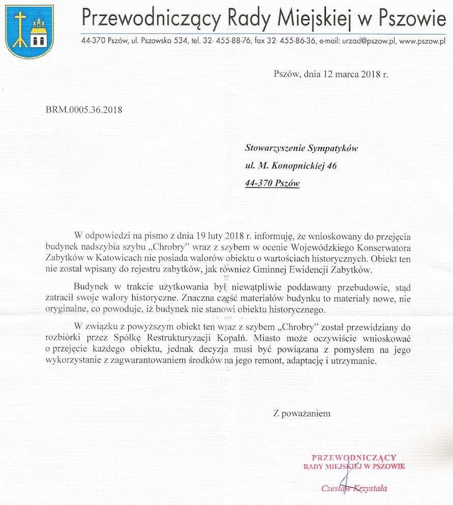 Odpowiedź Przewodniczącego Rady Miejskiej w Pszowie