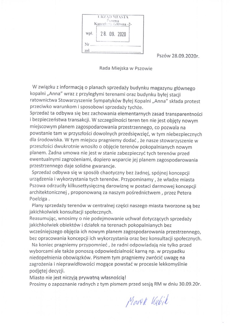Pismo do RM w Pszowie z 28.09.2020 r.
