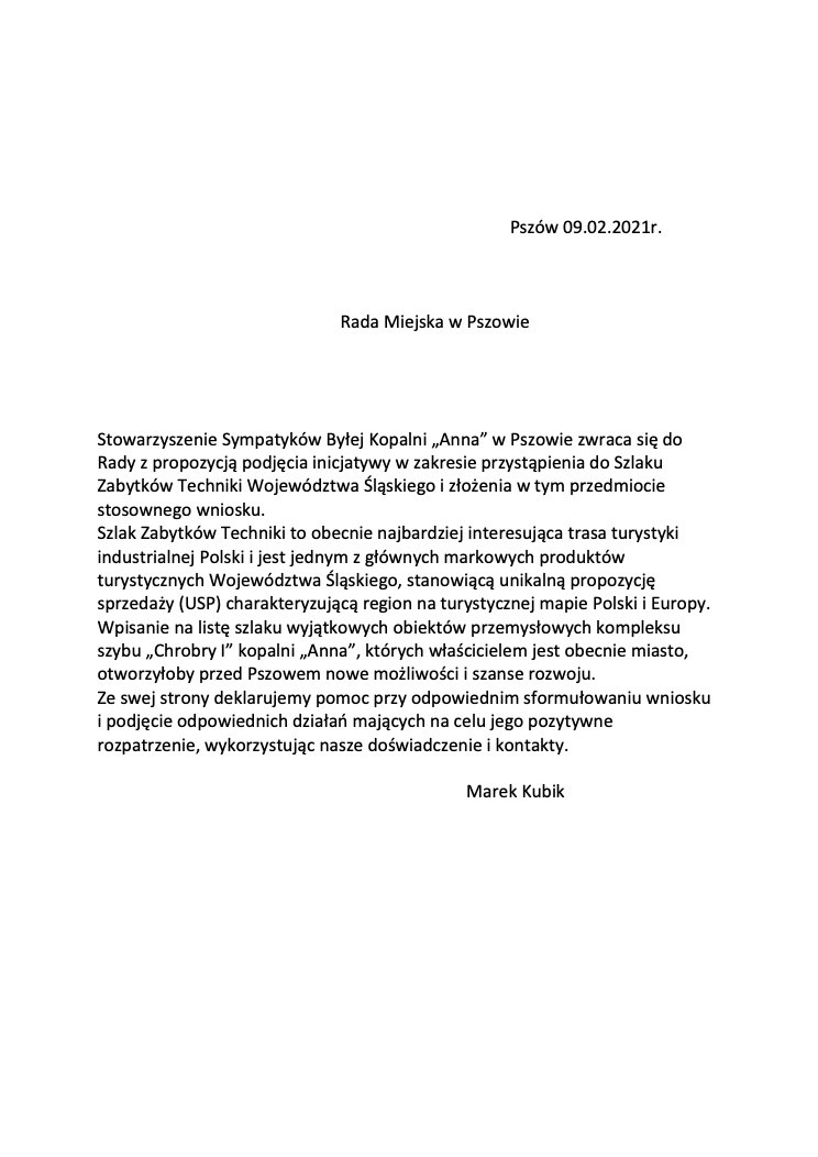 Pismo w sprawie przystąpienia do Szlaku Zabytków Techniki Województwa Śląskiego